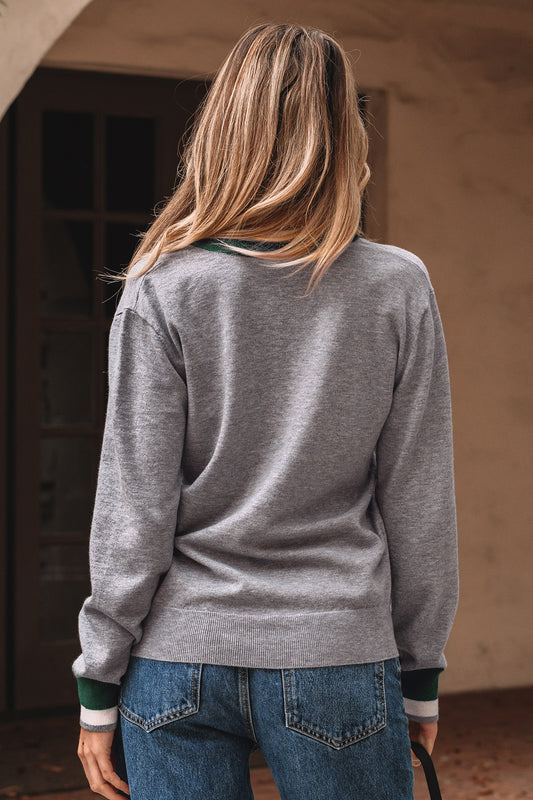 Gray Contrast Striped Trim V Neck Varsity Sweater
