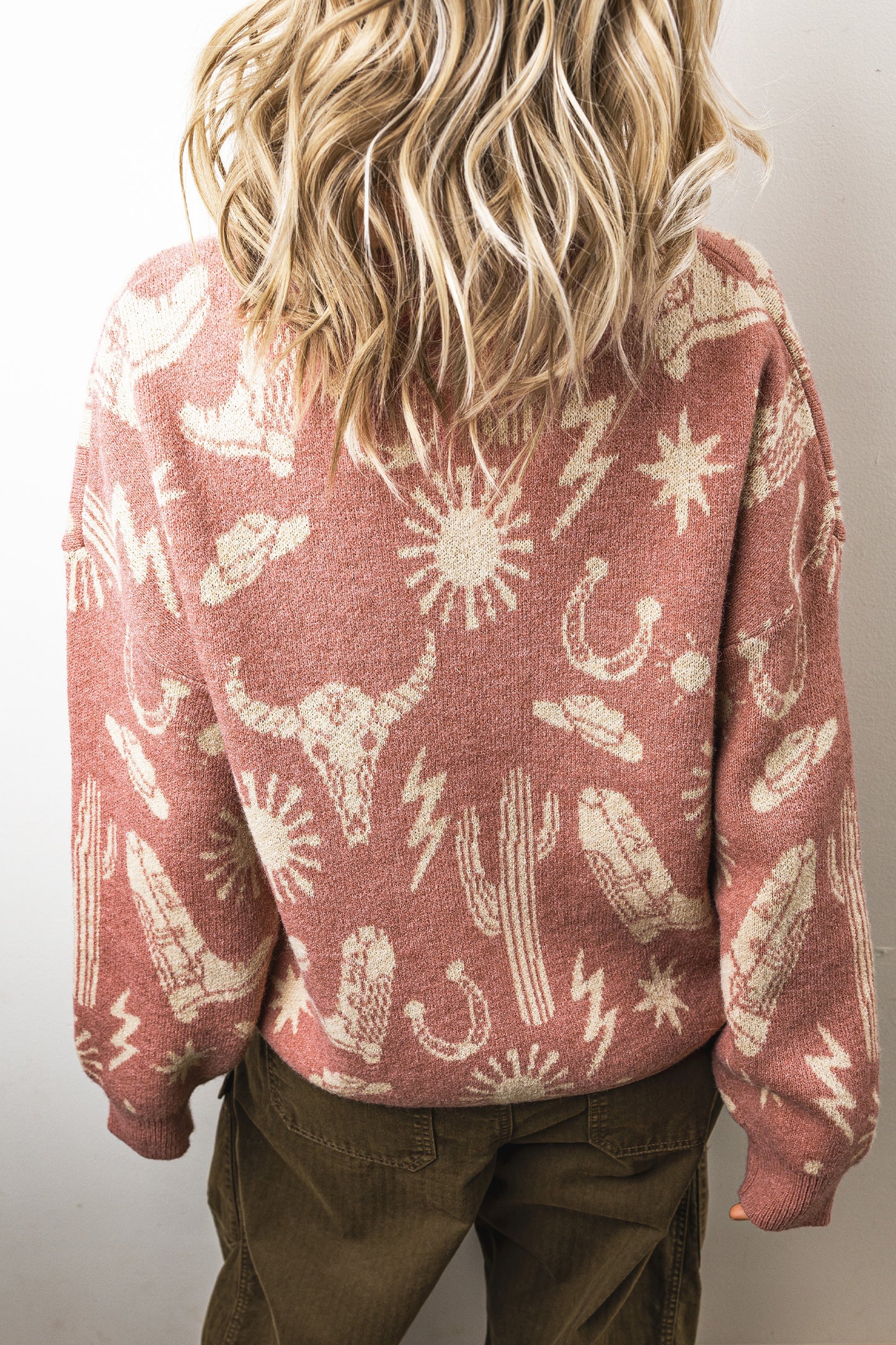 Peach Blossom Western Print Drop Shoulder Round Neck Long Sleeve Sweater