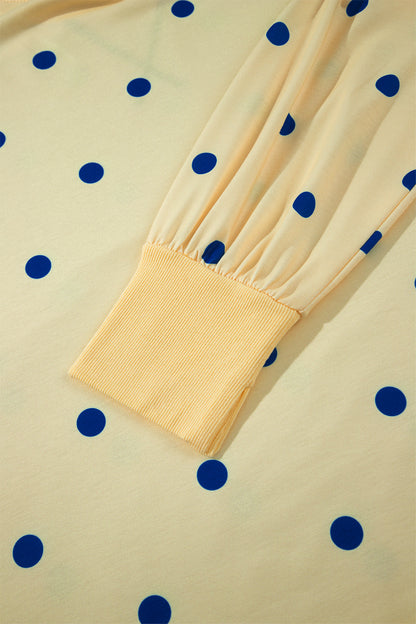 Yellow Round Neck Long Sleeve Polka Dot Plus Size Top