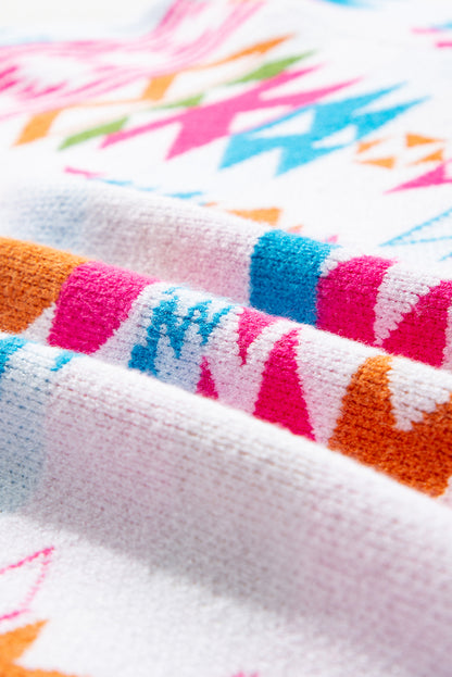 Pull blanc oversize à col en V et imprimé aztèque