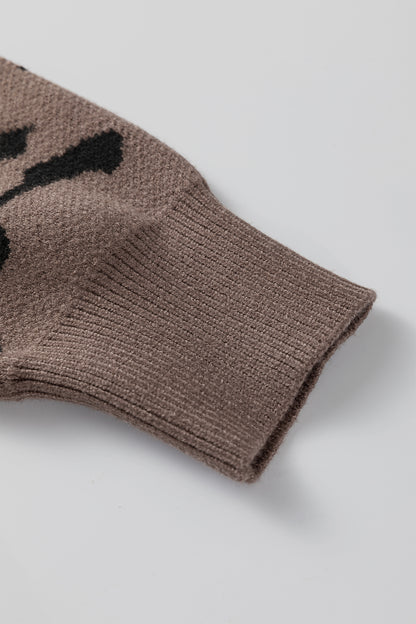 Camel Asymmetric Leopard Print Detail Drop Shoulder Sweater