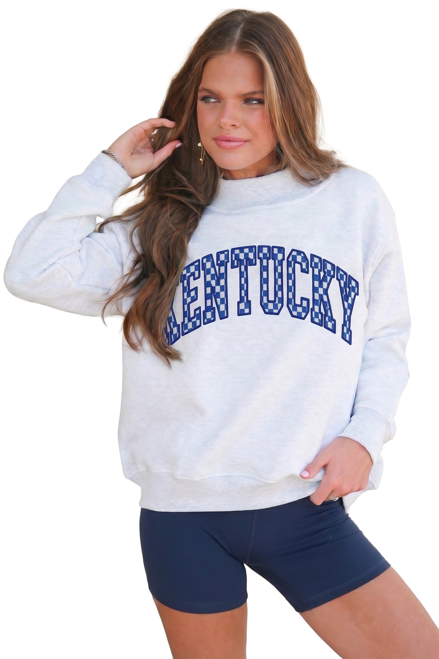 Light Grey High Neck Embroidered Checkered Letter Game Day Sweatshirt