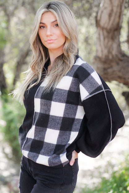 Haut à col et coutures apparentes en patchwork à carreaux noirs 