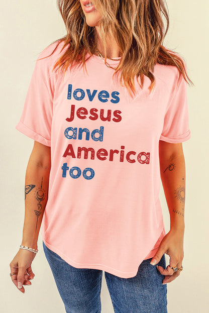Pink loves Jesus and America too Vintage Letter Graphic Tee