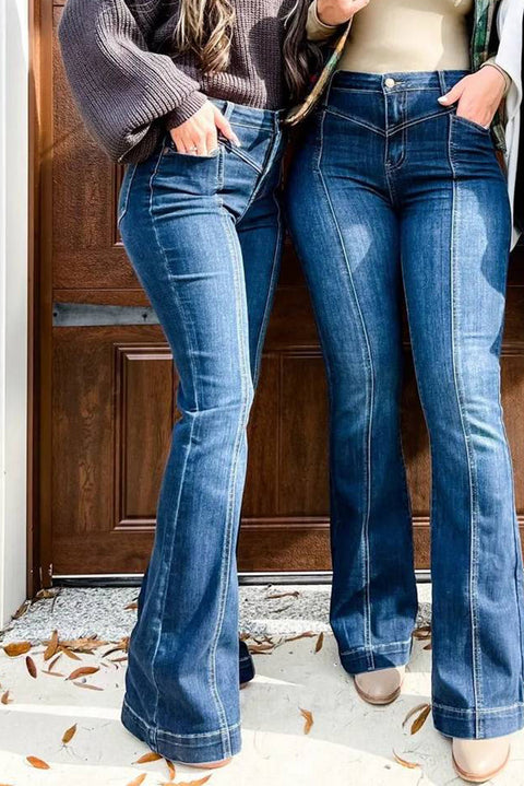 High Waist Seam Stitching Pocket Flare Jeans