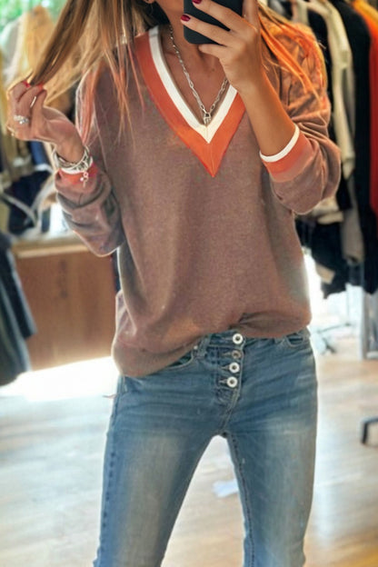 Gray Contrast Striped Trim V Neck Varsity Sweater