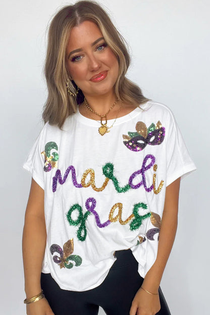 T-shirt blanc à paillettes et motif Mardi Gras