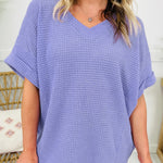 Wisteria Waffle V Neck Short Sleeve Knit Top