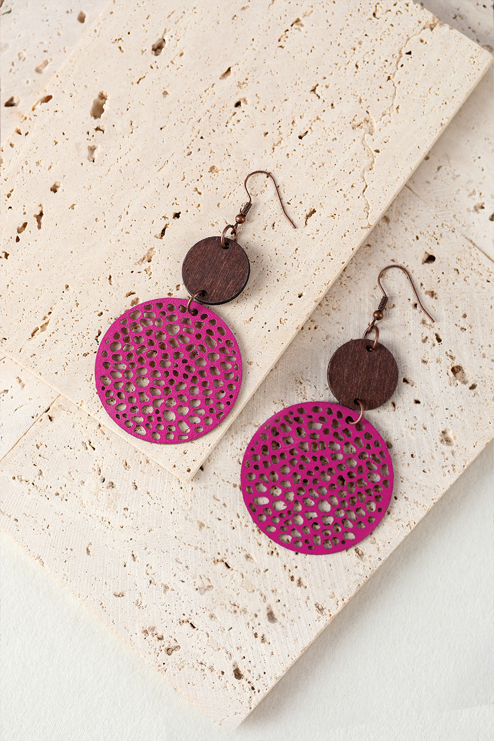 Hollow Out Wooden Round Drop Earrings