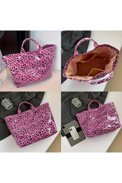 Rose Red Leopard PU Leather Water Proof Tote Bag