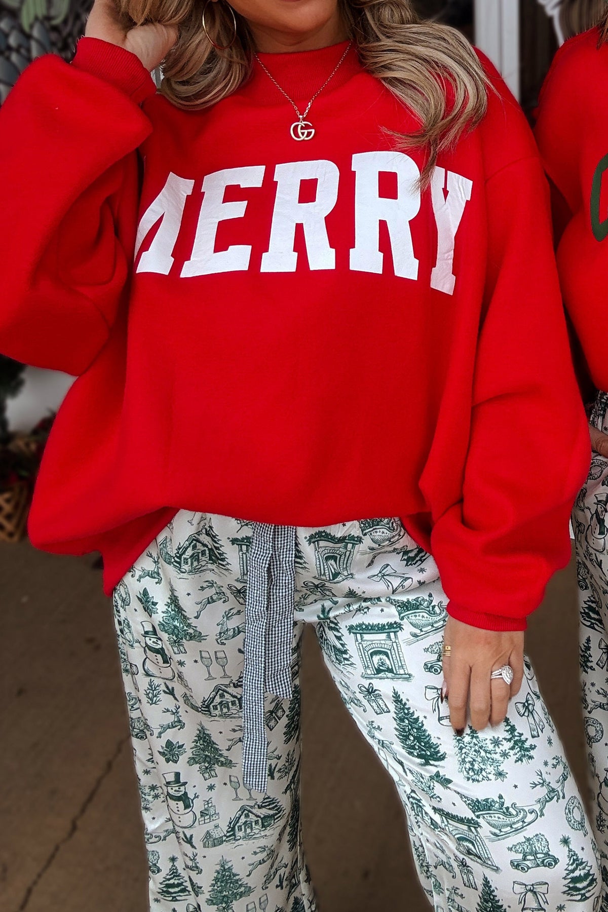 Fiery Red MERRY/CHRISTMAS Reversible Print Mock Neck Baggy Pullover Sweatshirt