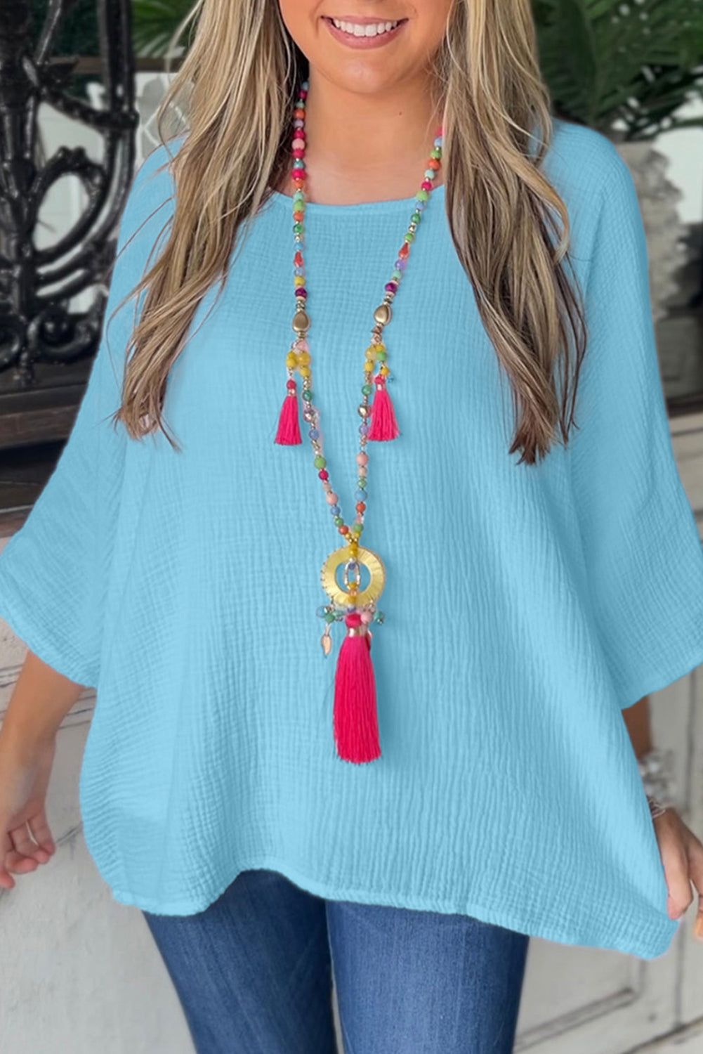 Chemisier fluide à manches froissées bleu Aruba