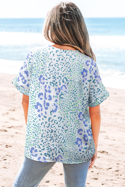 Green Mixed Leopard Print V Neck Short Sleeve Blouse