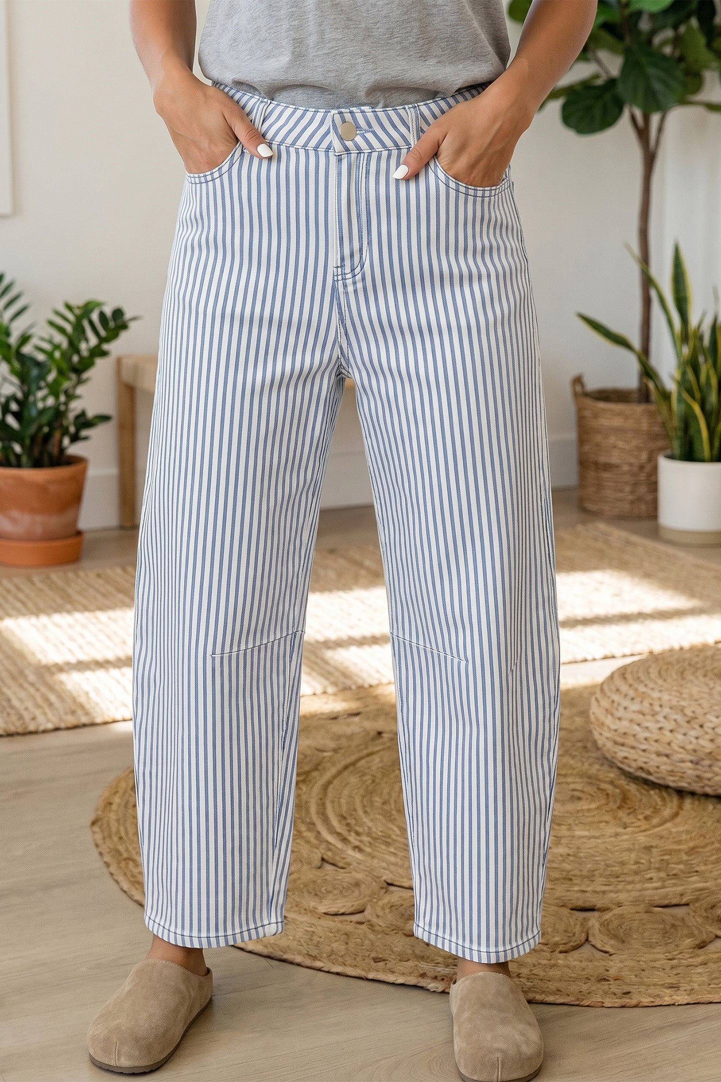 Sky Blue Stripe Casual Barrel Jeans