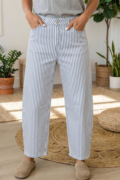 Sky Blue Stripe Casual Barrel Jeans