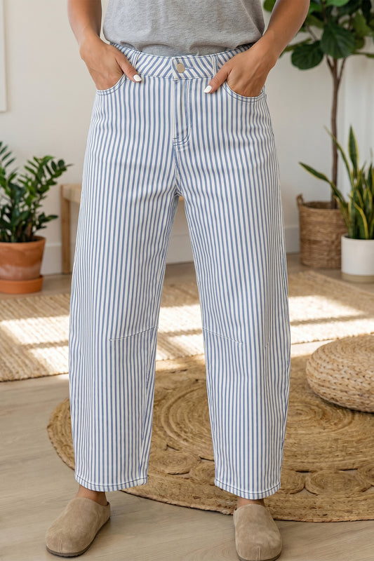 Sky Blue Stripe Casual Barrel Jeans