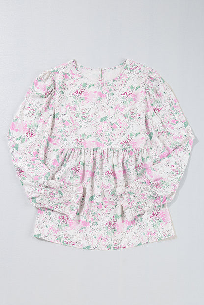 Chemisier babydoll rose à imprimé floral, manches ballon froncées, dos troué