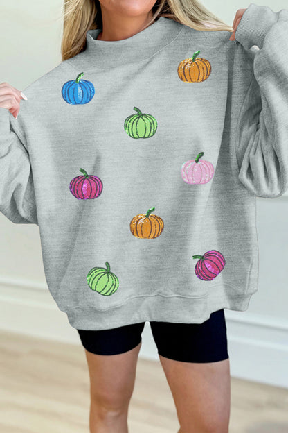Gray Sequin Pumpkin Patch Mock Neck Baggy Sweatshirt