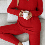 Racing Red Ribbed Notched Neck Knit Long Sleeve Leggings Two Pieces Lounge Set