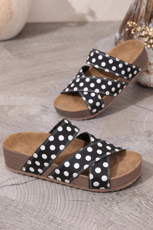 Color black Polka Dot Crossed Band Soft Suede Platform Slippers