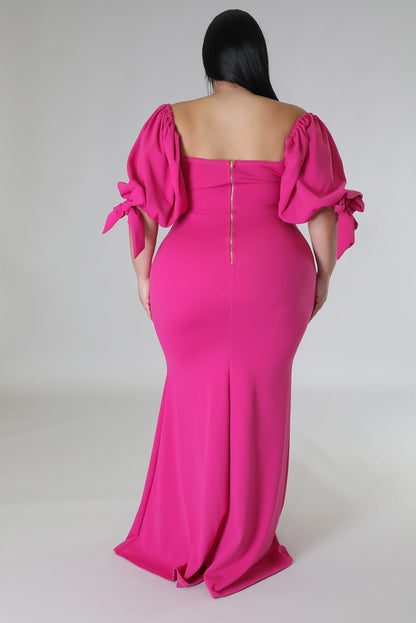 Bow Tie Puff Sleeve Plus Size High Slit Maxi Dress