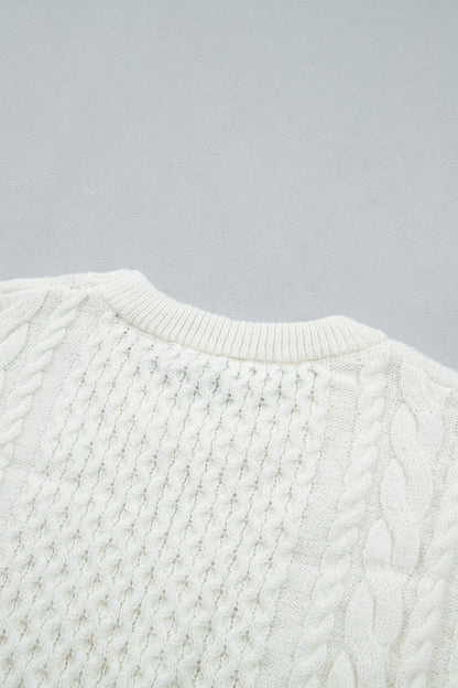 Beige Solid Color Cable Detail Knit Loose Round Neck Sweater