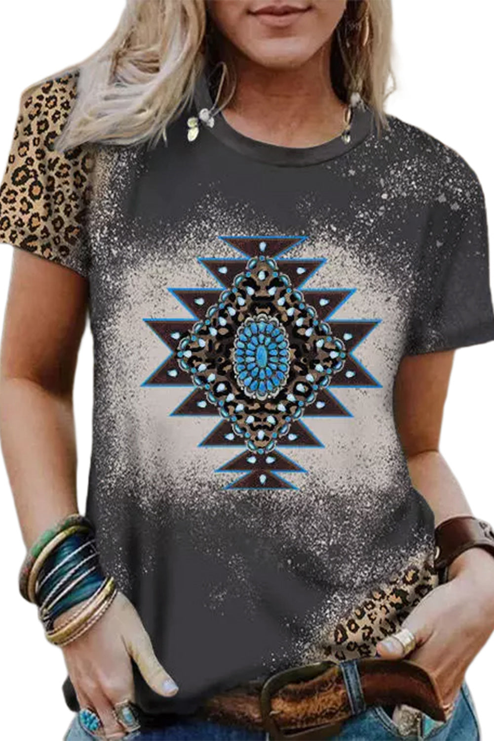 Aztec Geometric Leopard Print Short Sleeve T Shirt