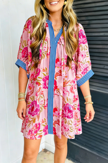Multicolour Floral Striped Patchwork Trim Half Sleeve Mini Dress