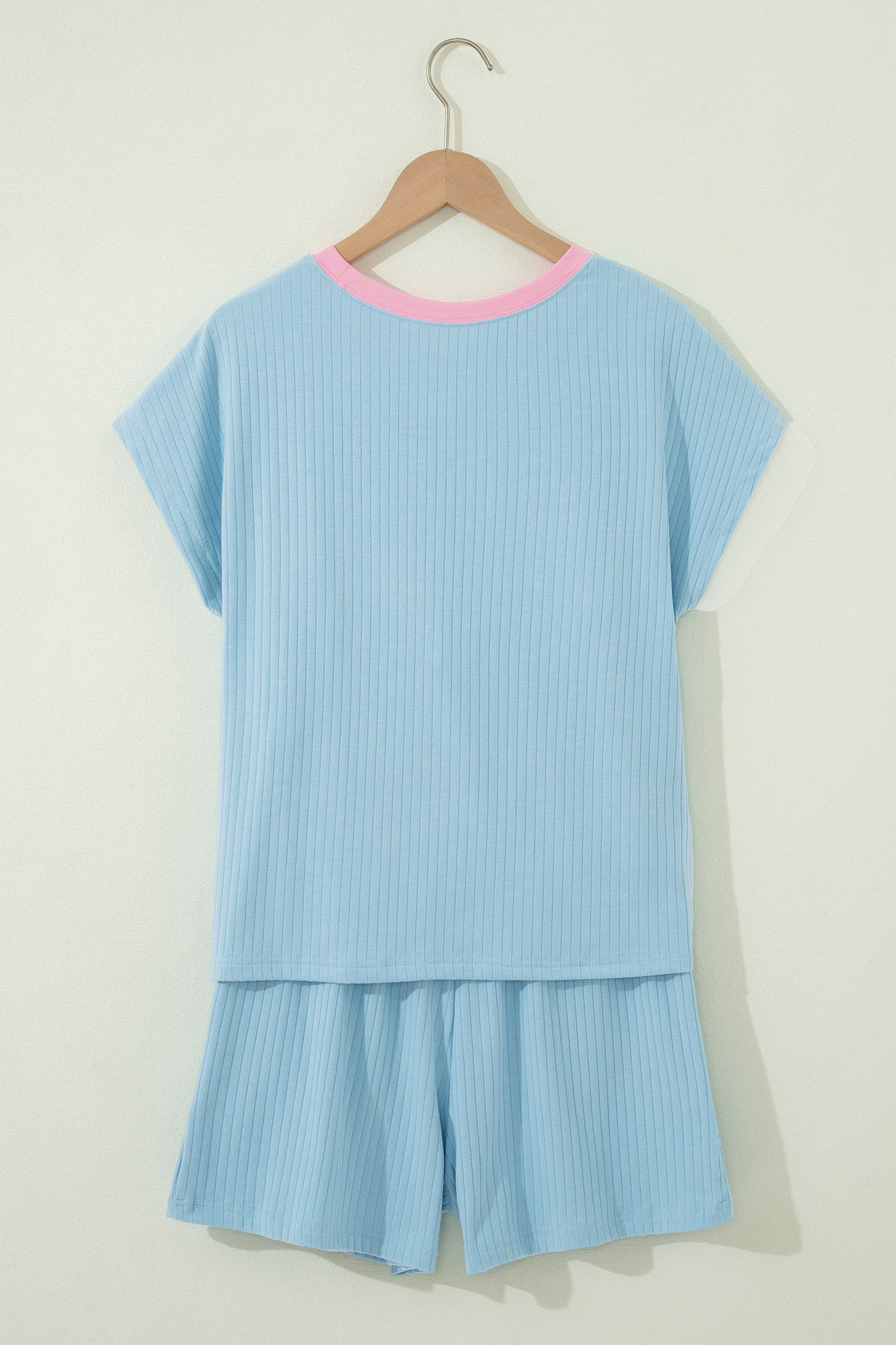 Yellow Cream Soft Ribbed Color Block Trim Casual Short Set