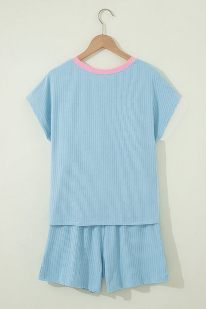 Yellow Cream Soft Ribbed Color Block Trim Casual Short Set