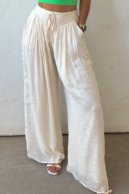 Pantalon large plissé blanc décontracté à taille nouée