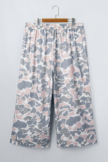 Khaki Camouflage Print Patch Pockets Ankle-Length Plus Size Pants