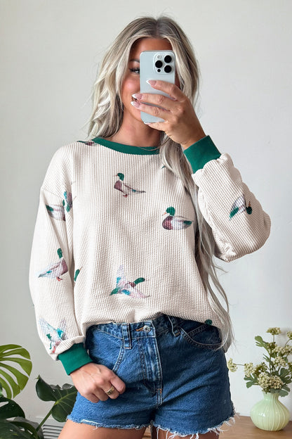 Beige Twisted Ribbed Duck Print Crewneck Casual Pullover Top