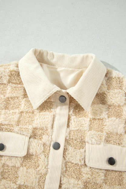 Khaki Plush Checkered Corduroy Trim Metal Button Long Sleeve Shift Silhouette Shacket
