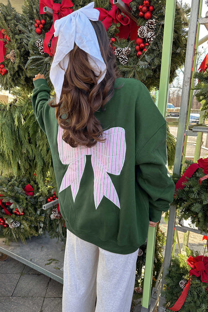 Blackish Green Striped Bow Graphic Oversized Sweatshirt