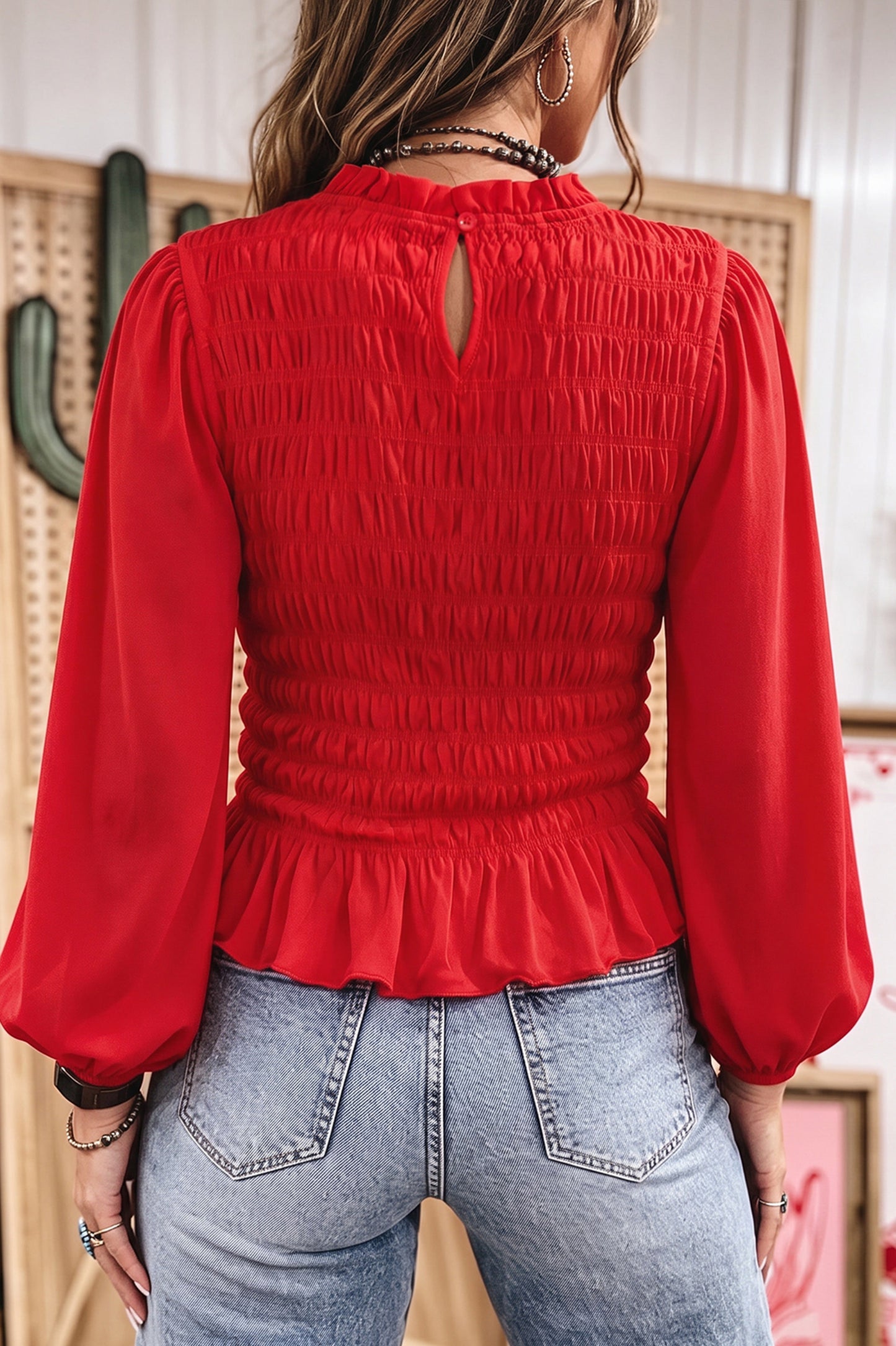 Racing Red Solid Color Smocked Ruffle Hem Long Sleeve Blouse