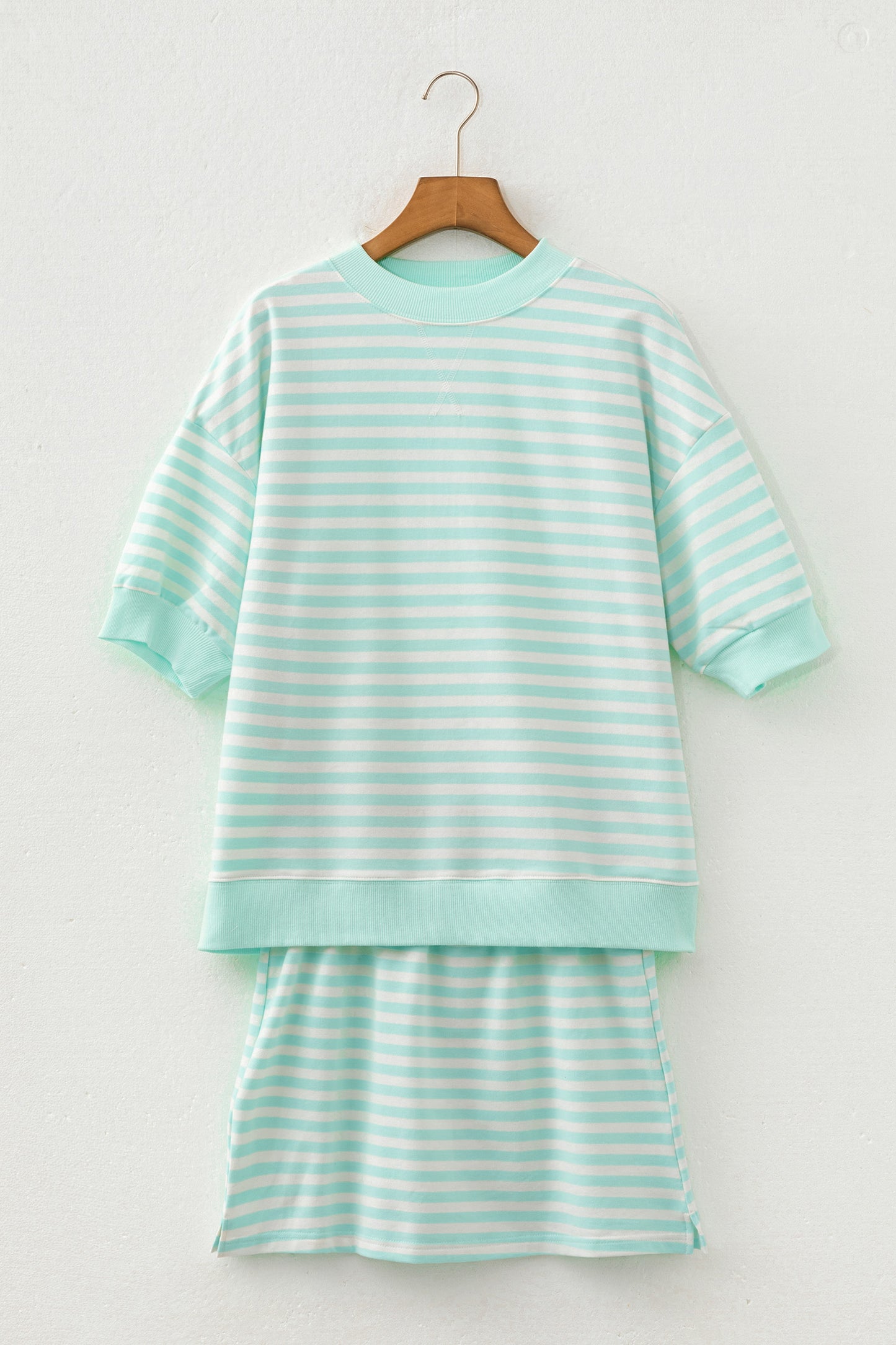 Green Stripe Ribbed Color Block Trim Half Sleeve Top Mini Skort 2pcs Outfit