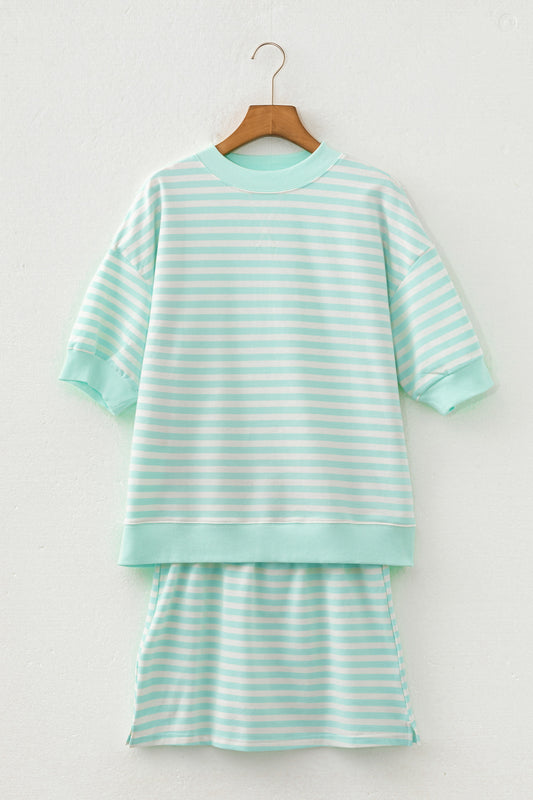 Green Stripe Ribbed Color Block Trim Half Sleeve Top Mini Skort 2pcs Outfit