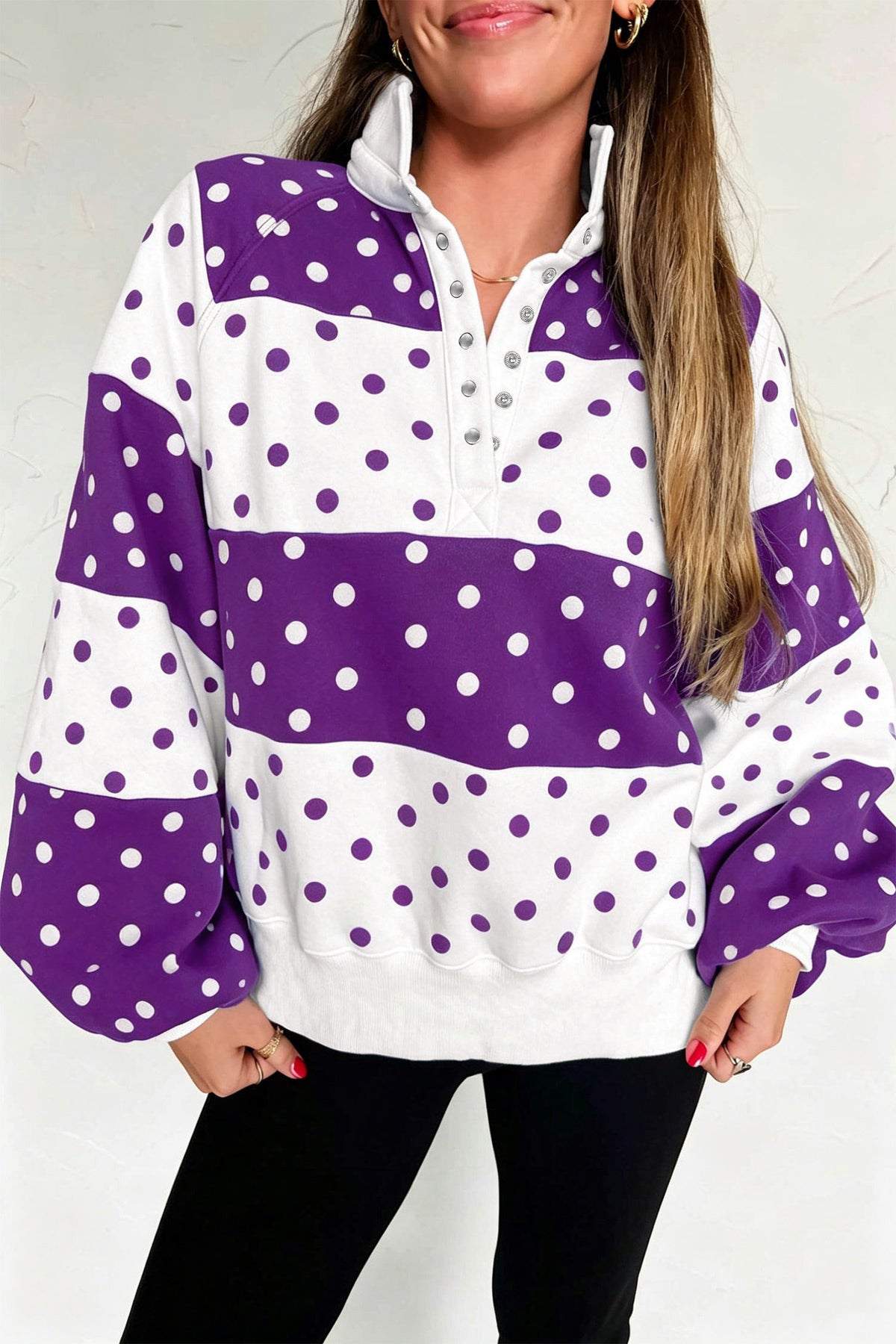 Purple Polka Dot Colorblock Half Zip Puff Sleeve Pullover Sweatshirt