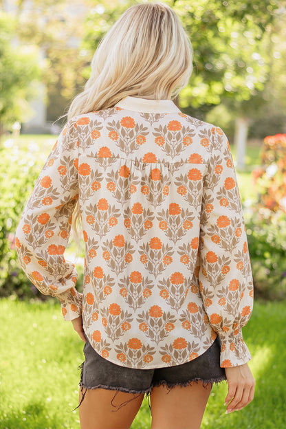 Orange Floral Print Contrast Detail V Neck Long Sleeve Blouse