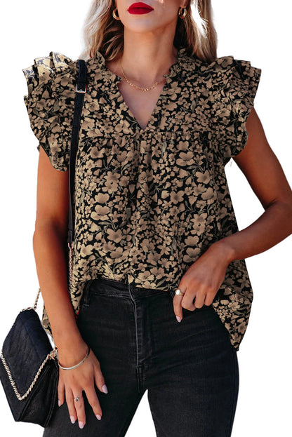 Haut à col en V et manches flottantes à imprimé floral