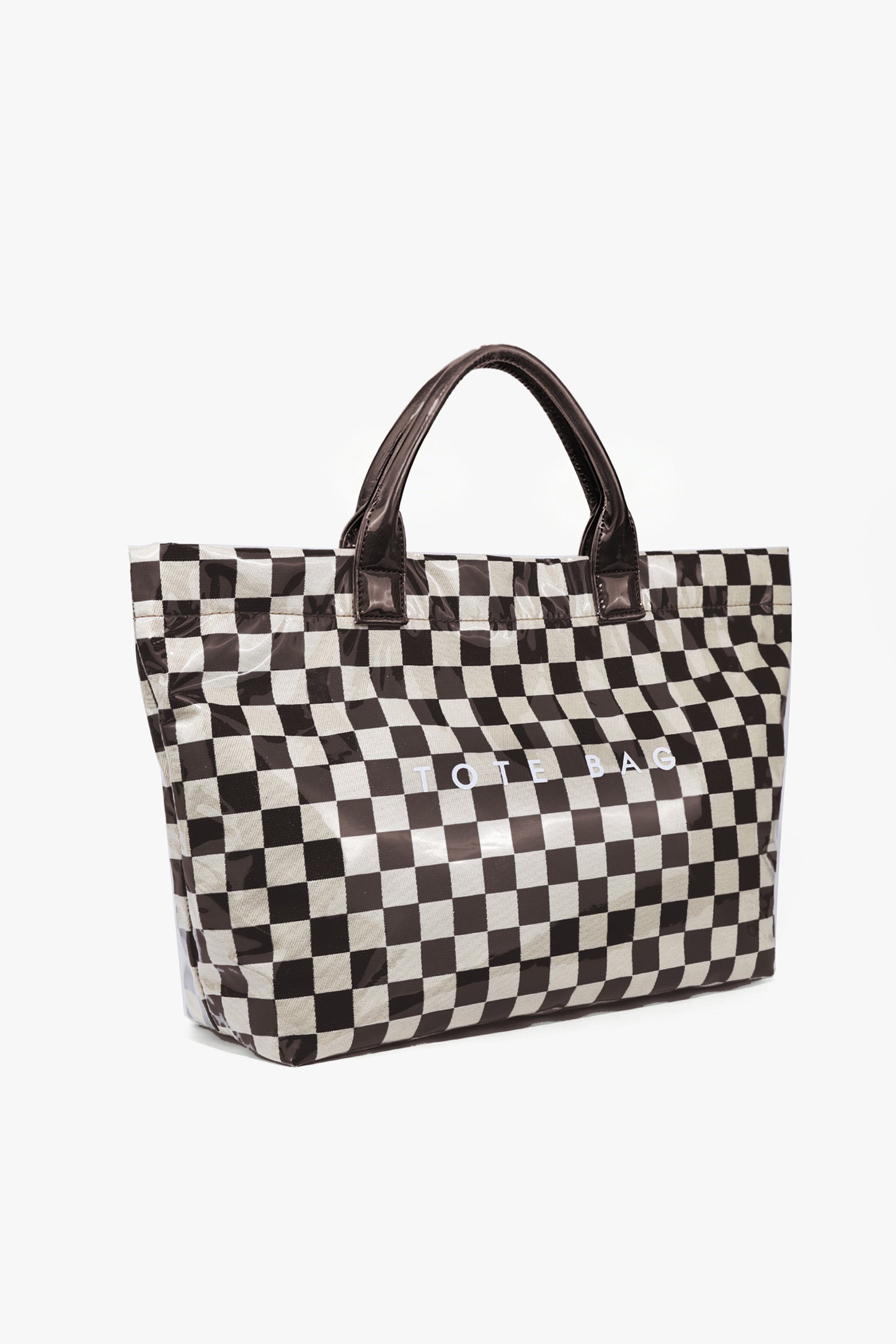 Color black Checkered Glossy PU Leather Tote Bag