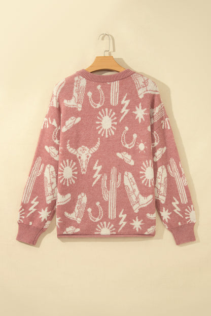 Peach Blossom Western Print Drop Shoulder Round Neck Long Sleeve Sweater