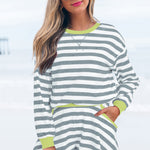 Gray Stripe Contrast Ribbed Banding Long Sleeve Blouse Loose Shorts Set