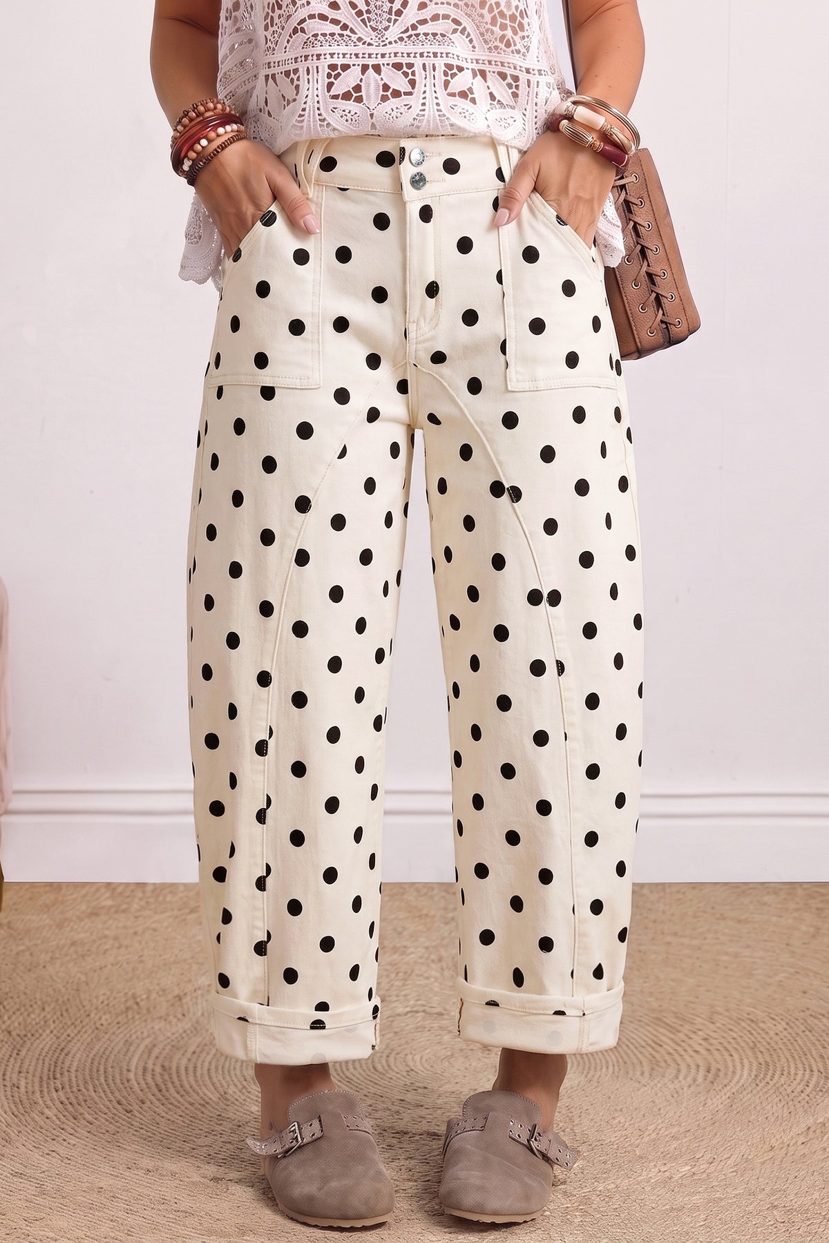 White Polka Dot Curved-Knife Ankle Denim Pants