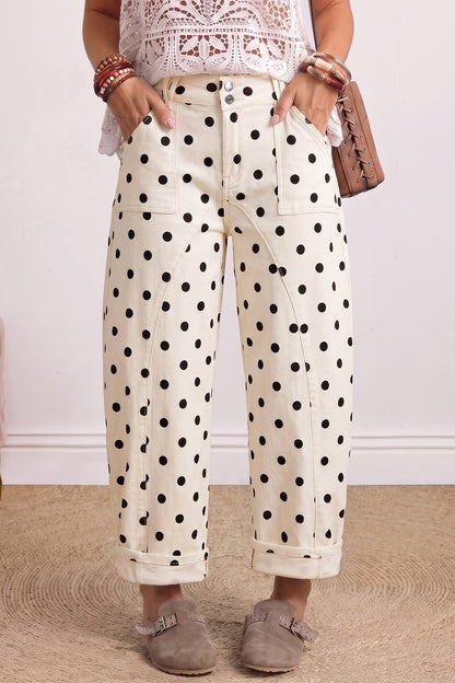 White Polka Dot Curved-Knife Ankle Denim Pants