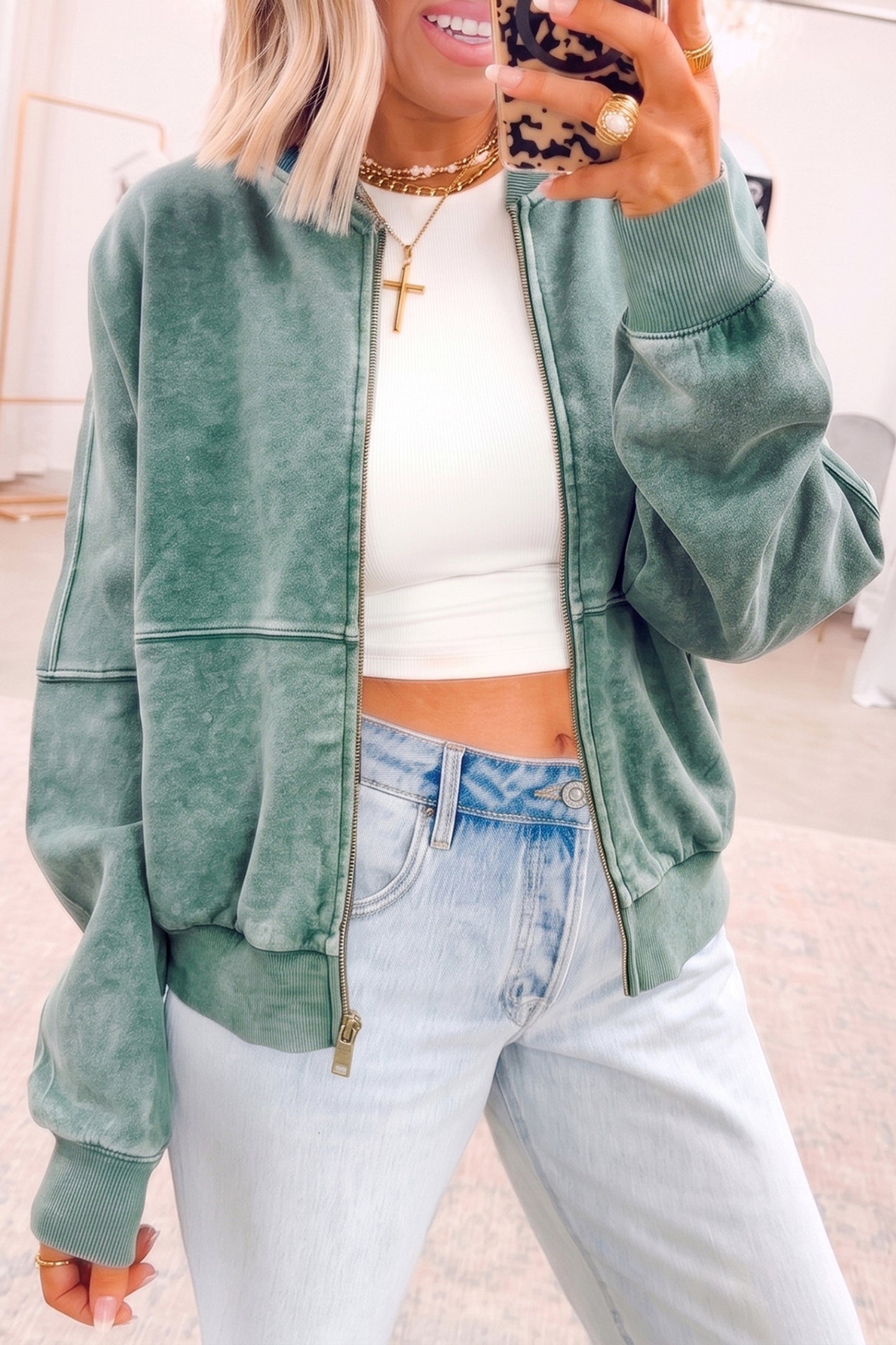 Evergreen Mineral Washed Zip Open-Front Jacket Style Cotton Sweatshirt