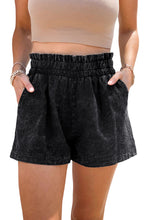 Pantalones cortos de mezclilla de cintura alta elásticos con volantes lavados con lejía retro