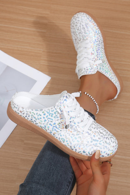 White Shiny Leopard Print Lace up Slip On Shoes