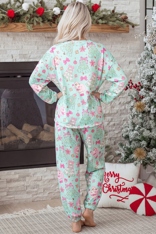 Green Abstract Print Long Sleeve Two Piece Lounge Set